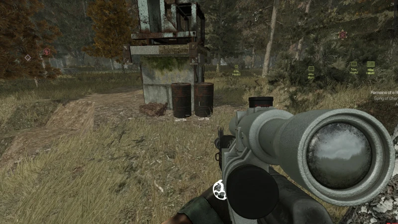 Loot containers highlighted through a forest treeline