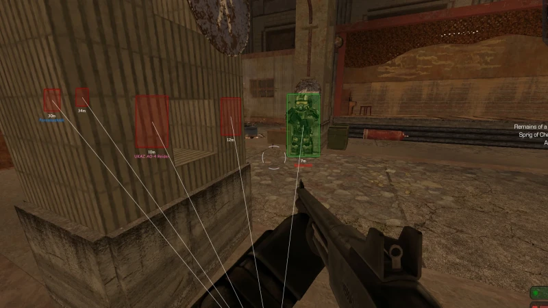 ESP boxes and tracers on loot containers and a player inside a bunker